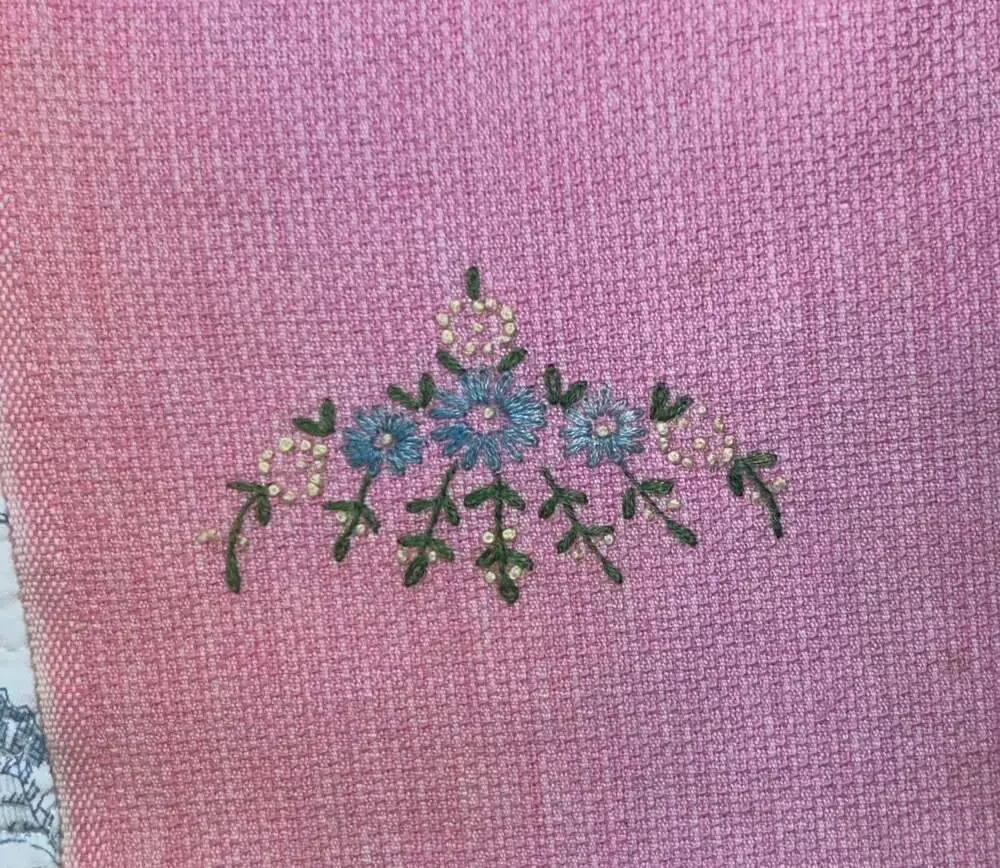 Vintage Hand Embroidered Pink Napkin with Lace Edge